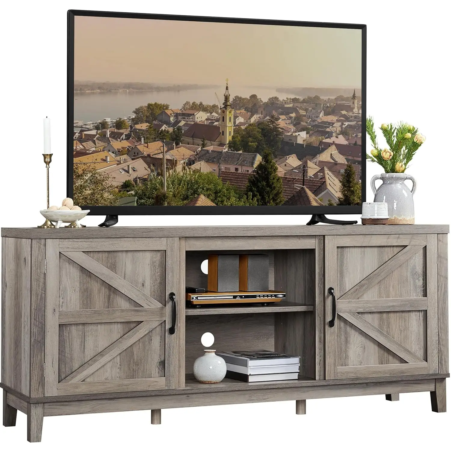 

65in Farmhouse TV Stand Barn Door Storage Console Living Room Gray, Customized