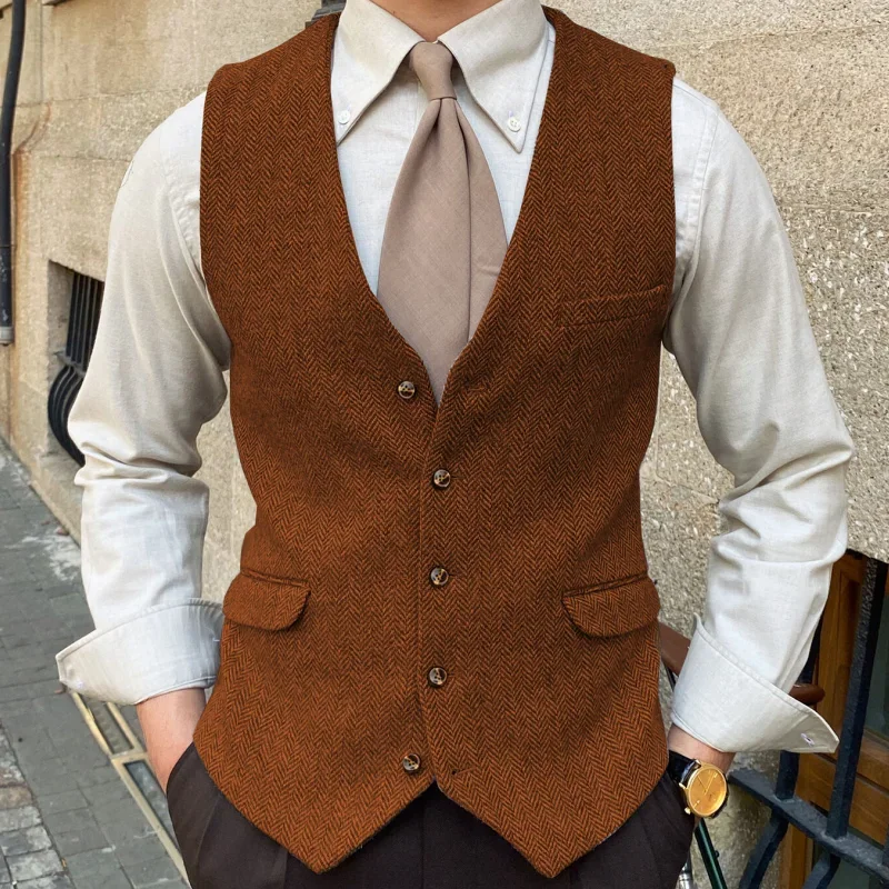 Herringbone Men Vest Waistcoat For Wedding Blue Solid Color Single Button Business Banquet Work Formal Men Suit Vest