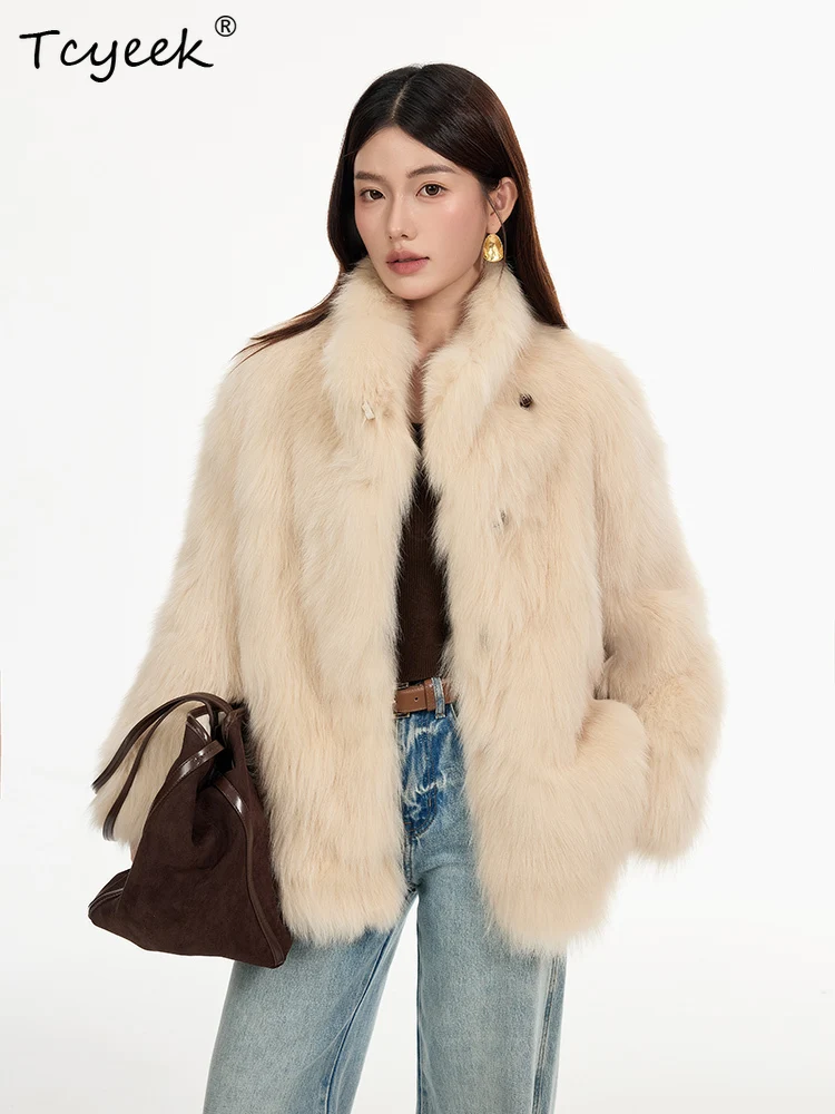 เสื้อโค้ทขนสัตว์แท้ Tcyeek สำหรับฤดูใบไม้ร่วงและฤดูหนาว ดีไซน์หรูหราทันสมัย ปกเสื้อแบบปกเชิ้ต ความยาวปานกลาง ขนฟ็อกซ์ สำหรับผู้หญิง ทำจากขนแกะและขนฟ็อกซ์