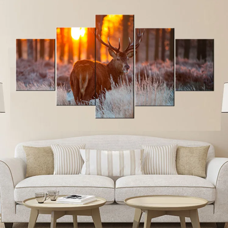 

Low luxury high-definition decorative paintings, printed posters, 5-pack reindeer home decoration murals at dusk