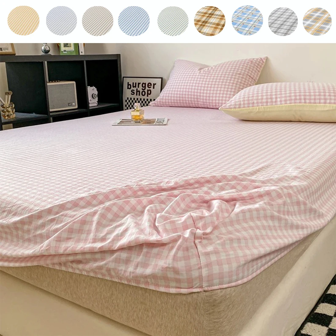 Japanese Style Grid Washed Cotton Bed Sheet Single Piece Bed Cover Ximengsi Mattress Dust Protection Cover Bed Sheet