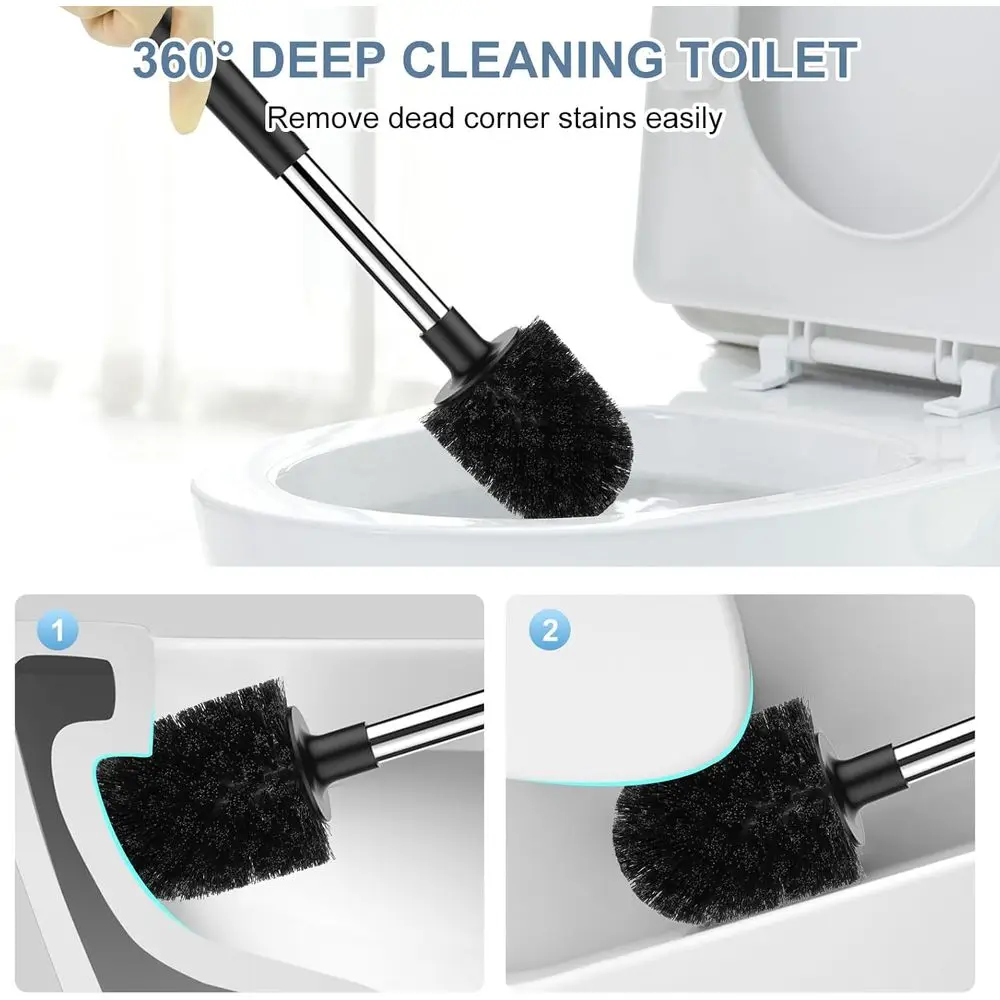 Closing Lid Toilet Bowl Brushes Holder and Extra Long Handle Ventilated Toilet Brush Set, Nylon Bristles, Black view 6