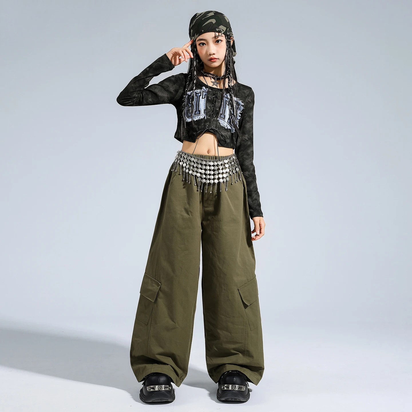 

Модная детская уличная одежда, топы с пупком для джазовых танцев, армейские зеленые брюки в стиле хип-хоп для девочек, Kpop, одежда для современного танца, костюм для шоу