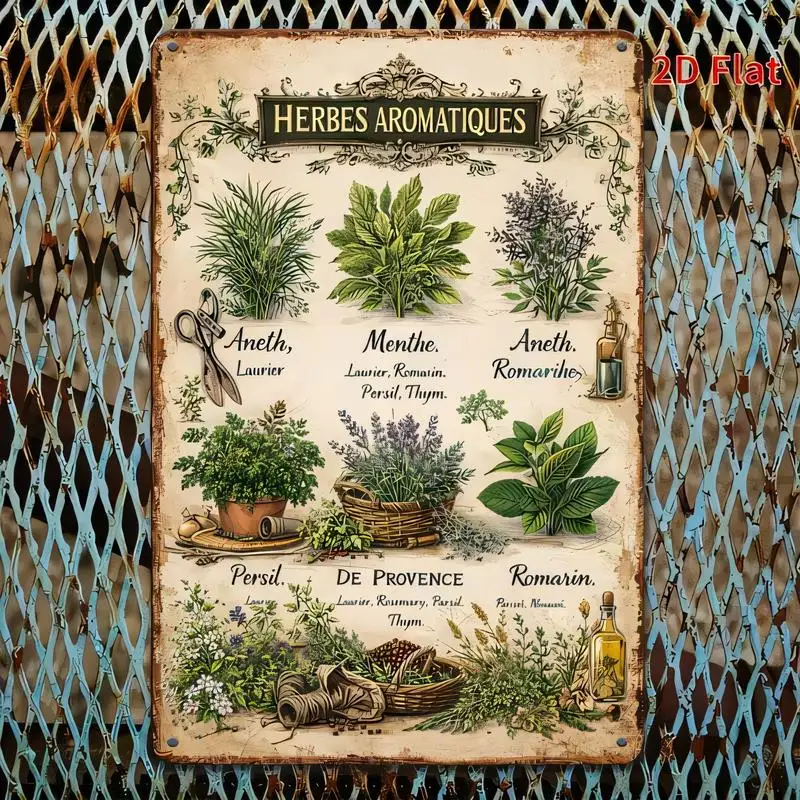 2D Flat Vintage Herbes Aromatiques Metal Tin Sign - Retro French Herb Design, Iron, Rustic Style, for Kitchen & Farmhouse Decor