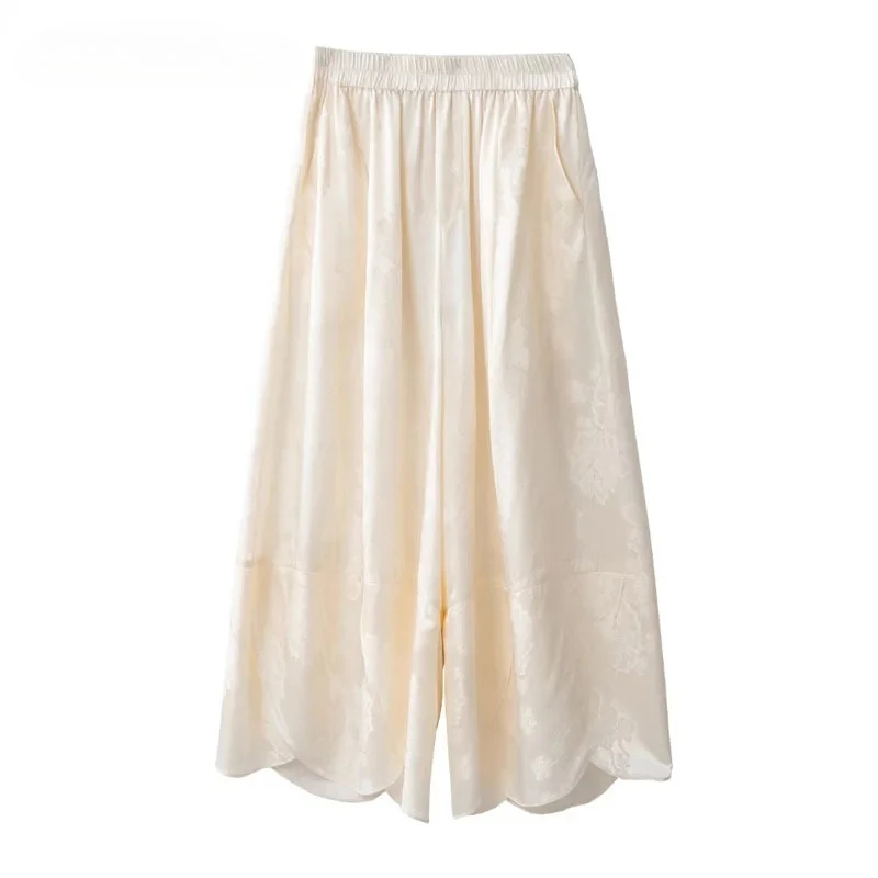 2025 Women's Casual Clothing 100% Natural Mulberry Silk Jacquard Satin Elastic Waist Comfortable Solid Color Straight Leg Pants