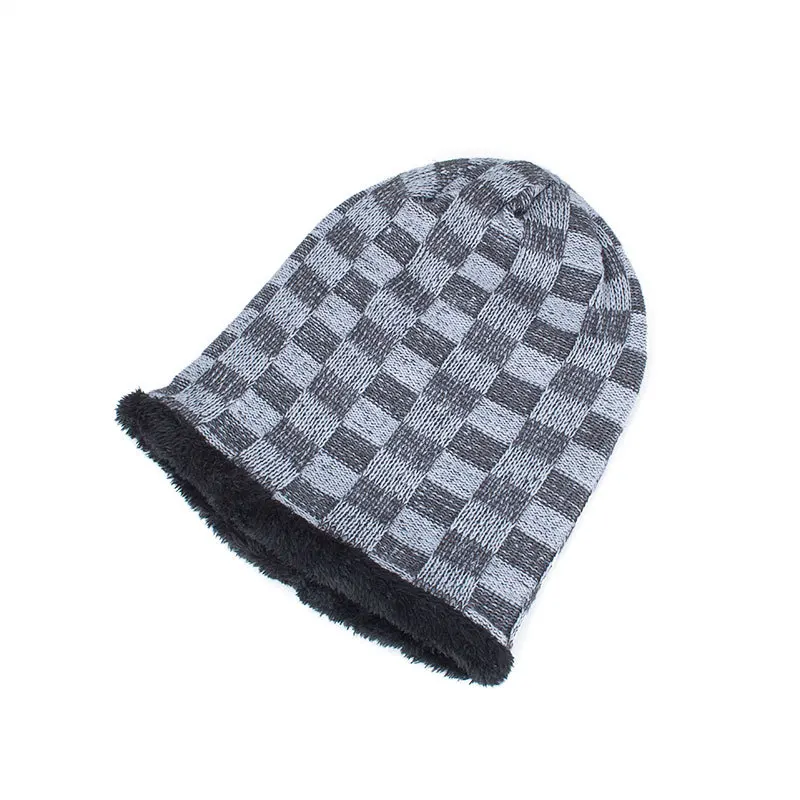Korean-style trendy knitted wool hat, winter fleece-lined, warm, color-blocking, small square pullover outdoor men's hat