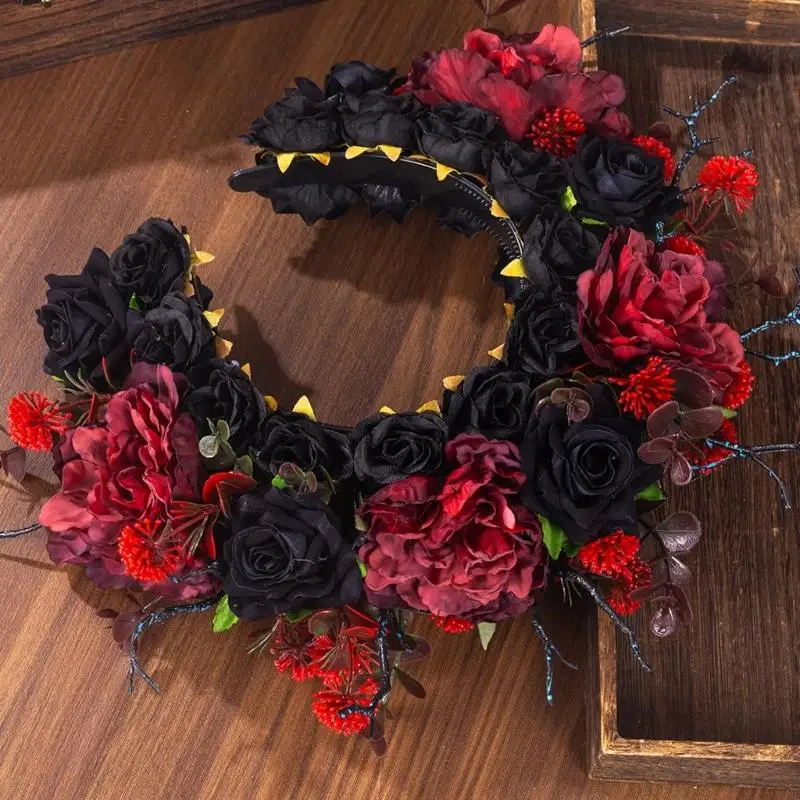 Barock Stil Blumen Stirnband mit Stoff Stoff Rosen für Frauen Gothic Hochzeit Haarschmuck Dunkelschwarz Rot Y08E – Detail 4