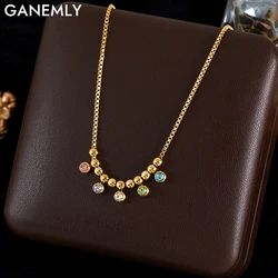 GANEMLY 316L Stainless Steel Colorful Beads Zircon Pendant Necklace For Women Daily Wear Fashion Neck Chain Waterproof Jewelry