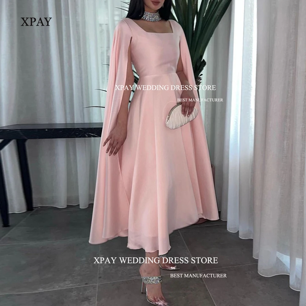 

XPAY Modest Square Collar Prom Dresses Long Sleeves Tea-Length Dubai Arabic Women Formal Evening Gowns Cocktail Party Dress