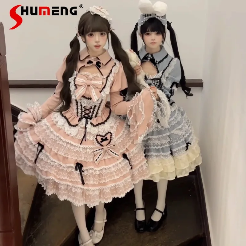 

Japanese Original Lolita Autumn And Winter 2024 New Sweet Long-sleeved Slim Fit Dress Set Kawaii Big Bowknot Tie Vestidos Female