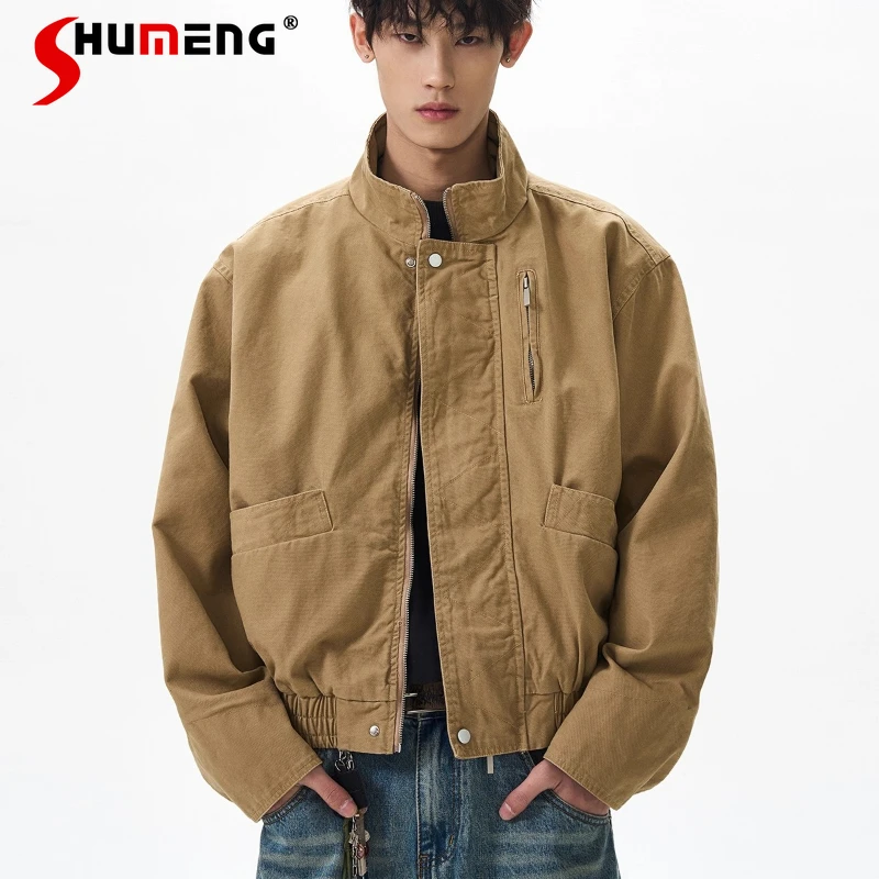 

Men Women 2025 Spring Autumn New Fashion Jackets Chic Solid Color Tooling Jackets Men's American Style Retro Stand Collar Coats