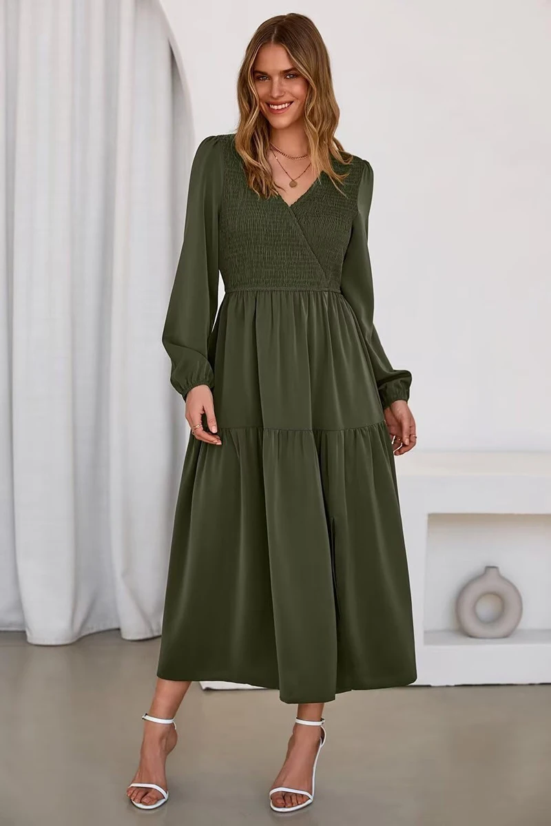 SxerxeS Fall Dresses for Women 2025 Long Sleeve V Neck Smocked Empire Waist Ruffle Tiered Casual Split Maxi Dress