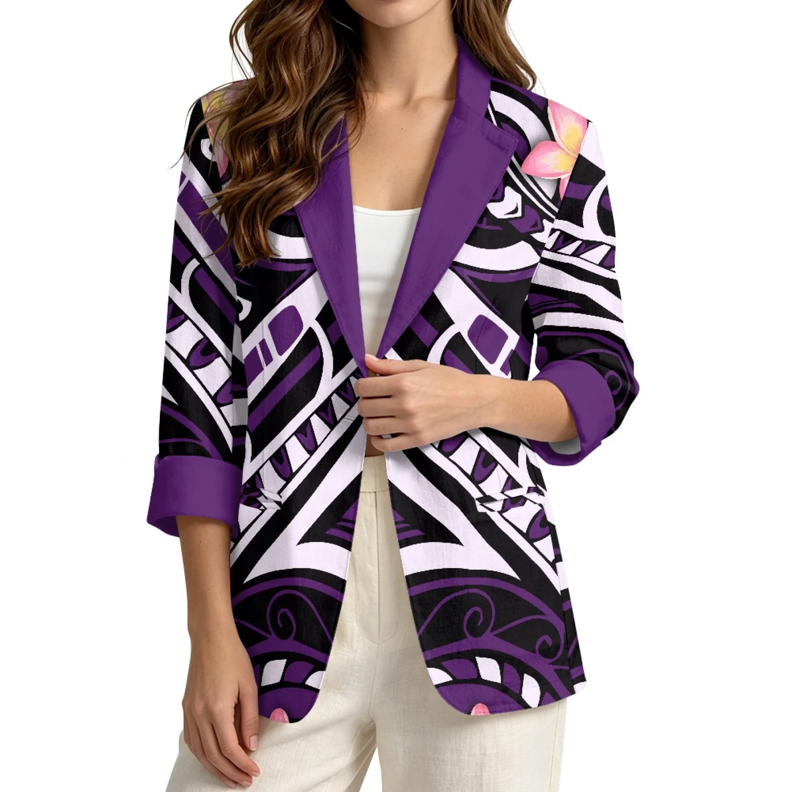 PENSTROLL Purple Plumeria Abstract Open Front Cardigan, Linen Style Light Cover up Sizes S-3XL, Soft for Beach and Daily Wear