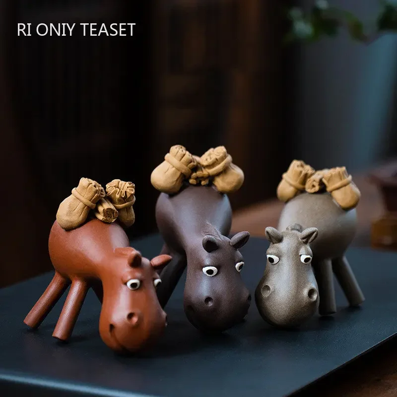 Yixing Purple Clay Tea Pet Lucky Donkey Statue Ornaments Tea Figurine Sculpture Crafts Chinese Handmade Zisha Tea Set Decoration