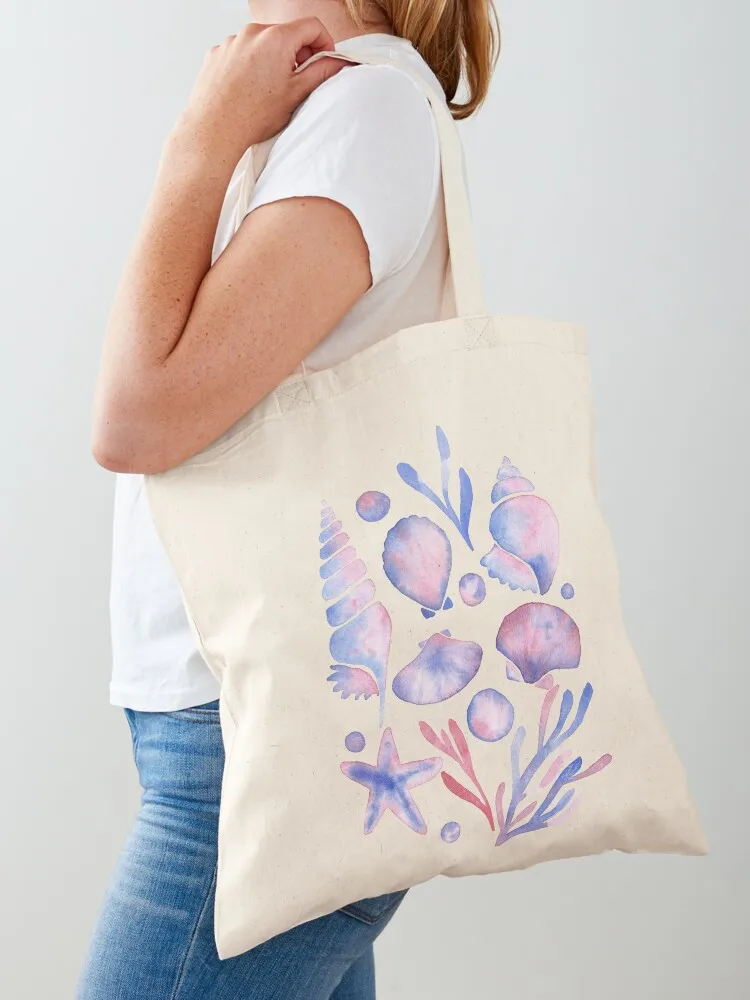 

watercolor sea shells, sea stars, pearls, seaweed - blue, pink and white Tote Bag tote bags cloth bags handbag eco bag folding