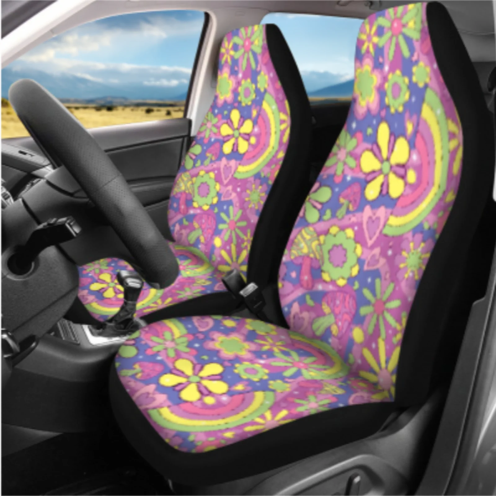 Coloranimal Colorful Flower Set of 14 Car Seat Covers Sets with Full Set Steering Wheel Cover and Seat Belt Pads for Most Cars