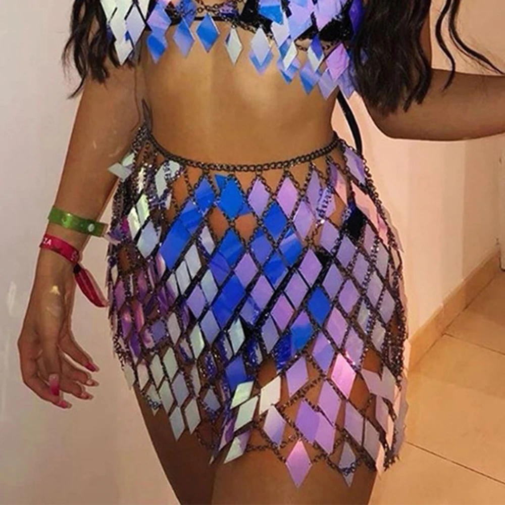 Glitter Sequins Rhombus Women Festival Rave Skirts Hollow Out Waist Chain Carnival Nightclub Party Mini Skirt Falda Mujer