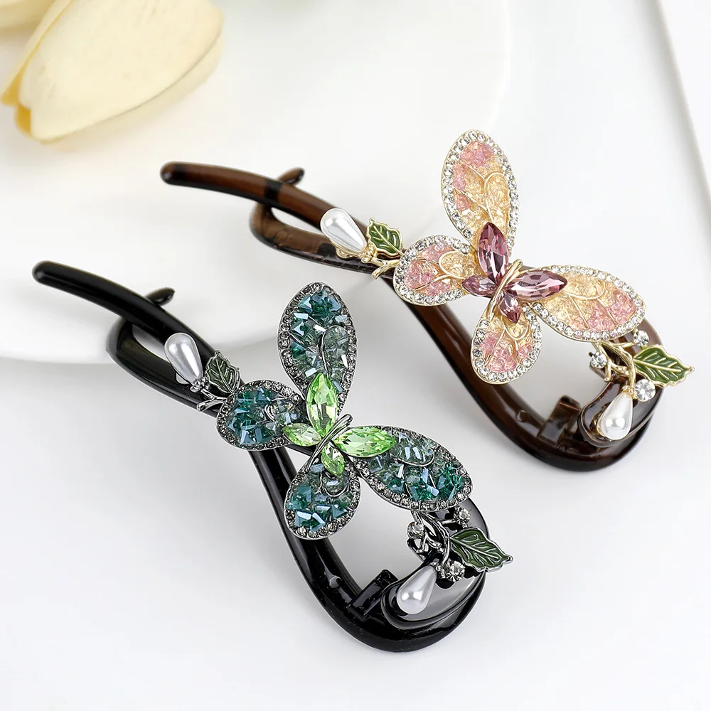 Women Rhinestone Butterfly Pearl Twist Hair Clips Firm Hold Comfy No Headache For Thick Hair Elegant Back Head Updo Accessories