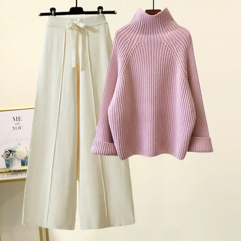 Women Autumn Winter Chic Casual Half High Collar Sweater Wide Leg Pants Sets Lady Loose Knit Pullover Trousers Outfits Knitwear