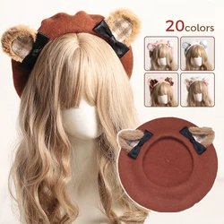 Women Lovely Bear Ear Beanies Japanese Kawaii Bear Beret Winter Warm Sweet Lolita Wool Beret Cap Vintage Teen Girls Painter Hat