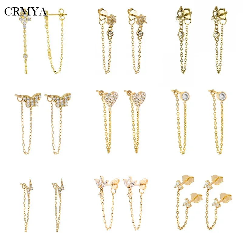 CRMYA Gold color Initial Chain Earrings for Women Vintange Piercing CZ Zircon Stud Earrings Wedding Party Jewelry Wholesale