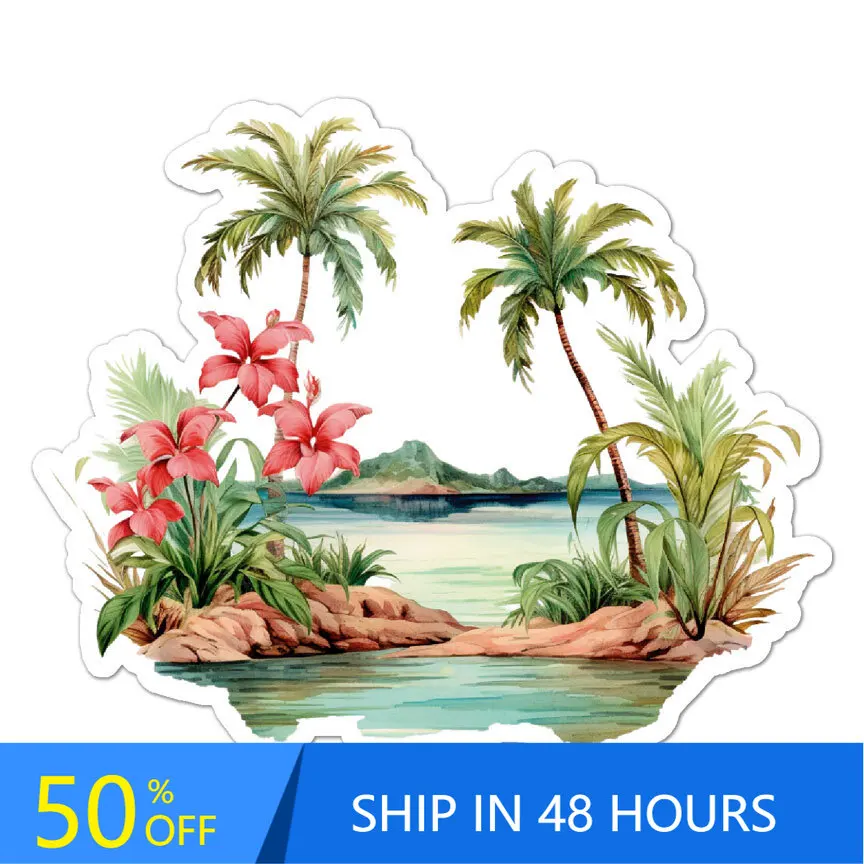 

Tropical Palms Hibiscus, Sticker, Cool Walls Laptop Bumper Boat Waterproof Vinyl Decal Sticker Cute Aesthetic Funny