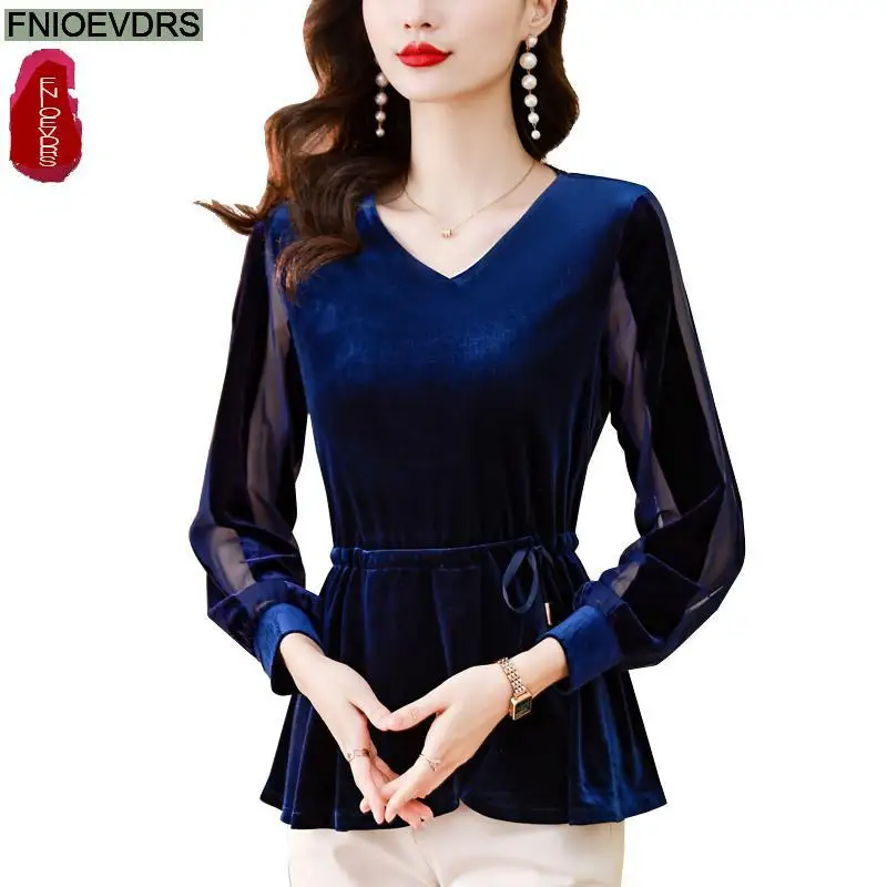 M-5XL Ruffles Bow Tunic Tops 2023 Women Long Sleeve Elegant Office Lady Belly Design Bling Button Warm Velvet Peplum Top Blouses