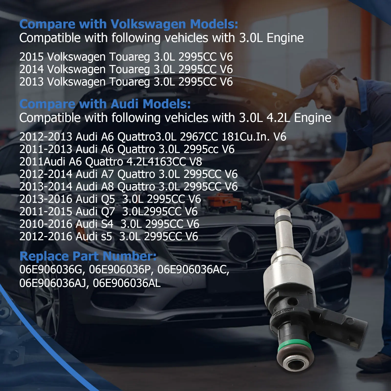 1pc Fuel Injector Fits For 2009-2016 Audi A4 A5 A6 A8 Q5 Q7 VW Touareg 3.0T V6 06E906036AL 06E906036AJ 06E906036AC 06E906036P