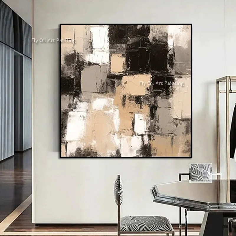 Handmade Neutral Color Block Wall Art, Rough Brush Texture Abstract Oil Painting, Minimalist Entry Canvas Home Decoration