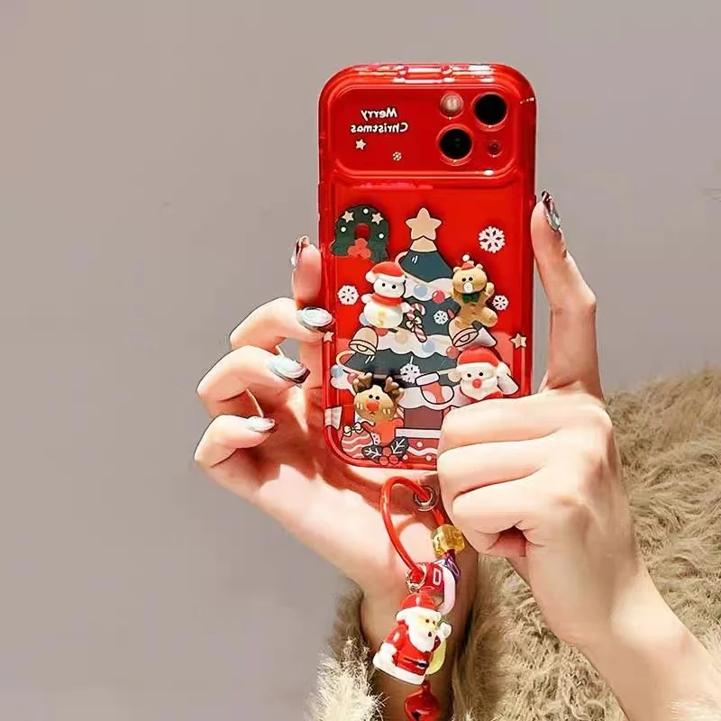

Cute Cartoon 3D Christmas Elk Pendant Case For iPhone 17 16 15 14 13 12 11 Pro Max Santa Claus Keychain Soft Shockproof Cover