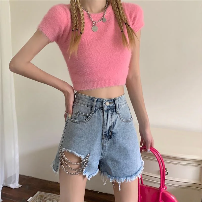 

Shorts Women All-match Pockets Chain Trendy Leisure Baggy Ins Feminino Design Sexy High Waist Chic Streetwear