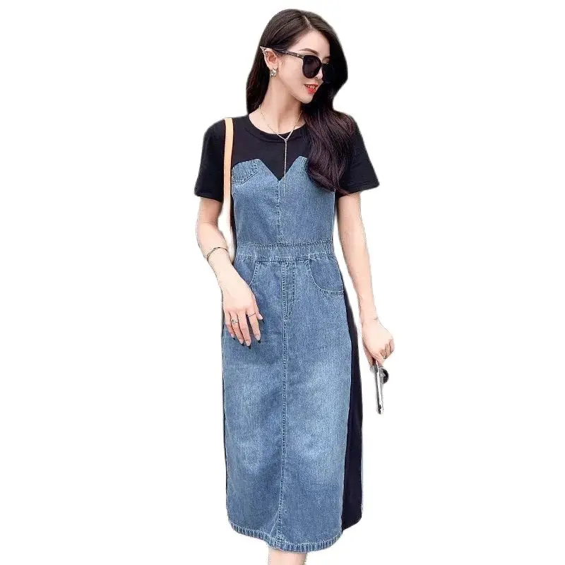 

2023 Summer New Women's Denim Dress Short Sleeve Korean Fashion Join Together Fake Two Pieces Female Long Cowgirl Dress Vestidos