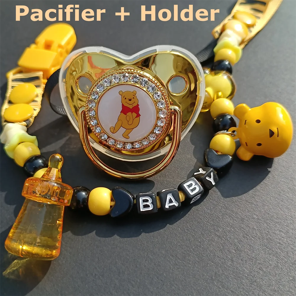 Hot Winnie the Pooh Mother Baby Pacifier and Pacifier Clip BPA BPA Free Silicone Baby Pacifier Gold Bling Newborn Fake Pacifier