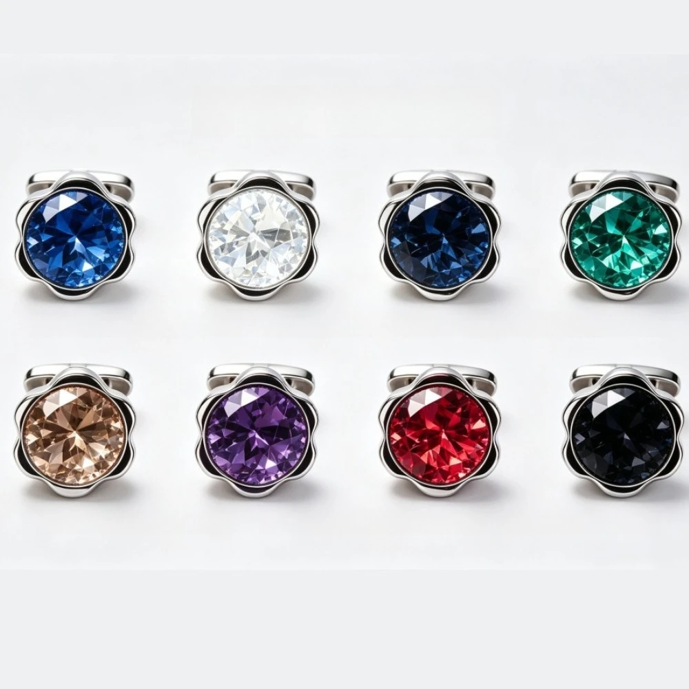 Men Round Cut Crystal Gemstone Cufflinks Luxury Metal Shirt Cuff Buttons Business Wedding Groom Accessories Gift