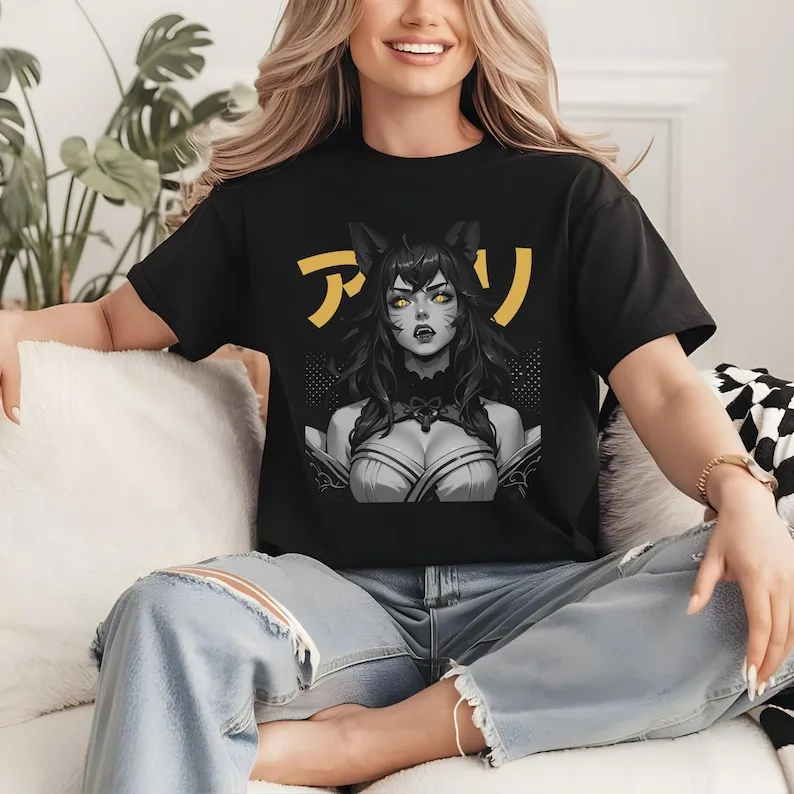 Japanese Style Ahri Shirt KDA tee Shirt of Legends Apparel Monochrome Greyscale, Japanese Aesthetcic