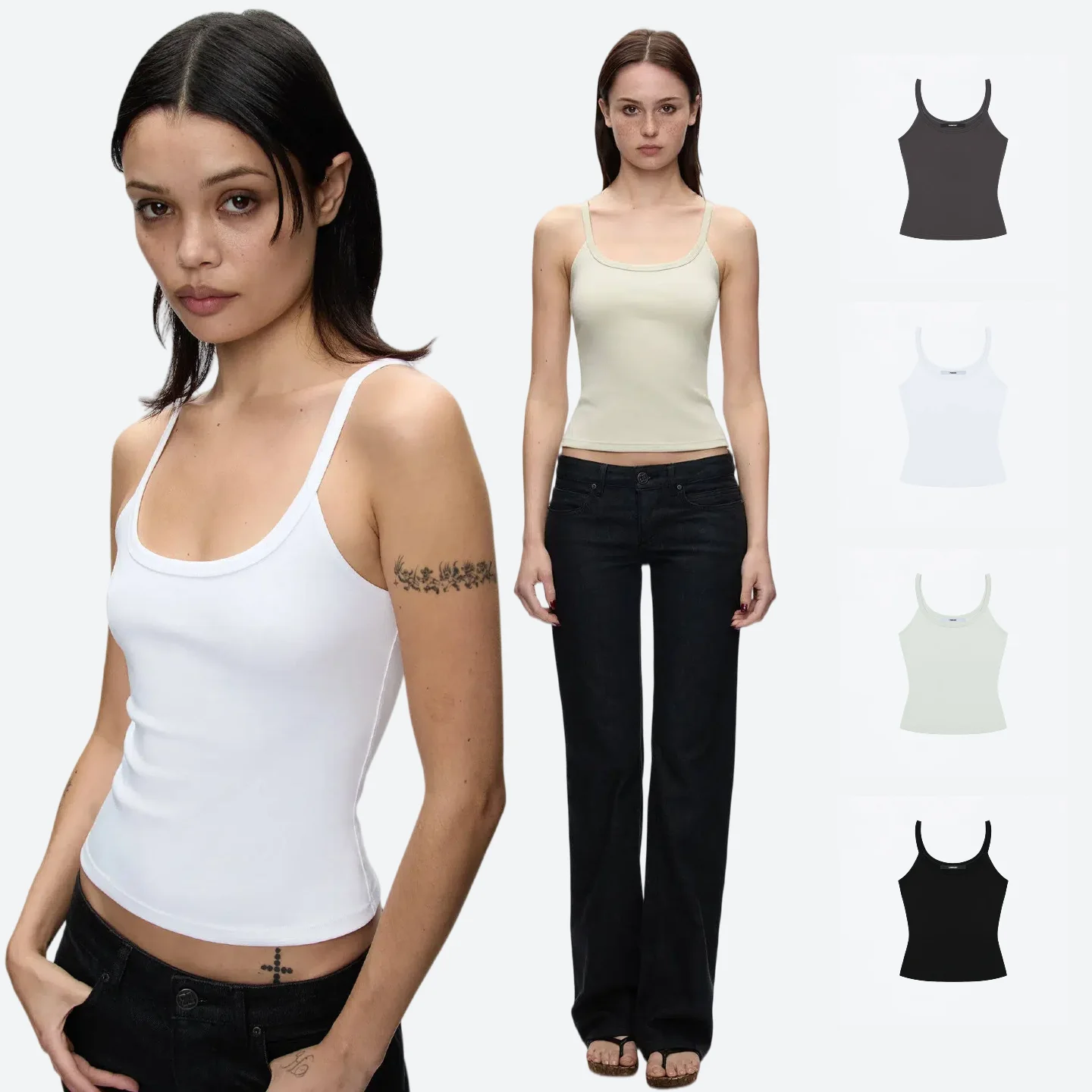 Tank cotton elastic u-neck suspender vest minimalist versatile black and white thread slim top