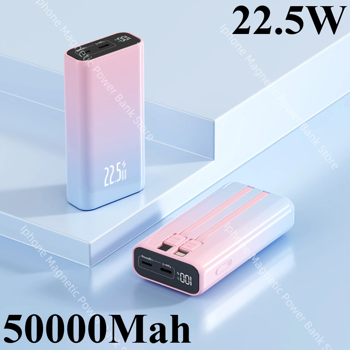 

50000mAh Built-in Cable Mobile Power Bank Mini Fast Charging Power Bank for IPhone Samsung Xiaomi Mobile External Spare Battery