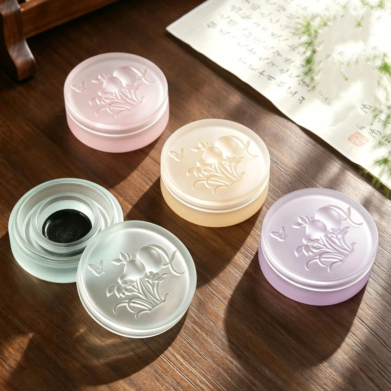 Glass Ink Dish Ancient Style Ink Stone with Lid Double Ring Moisture Retention for Beginners Calligraphy Practice Study Supplies