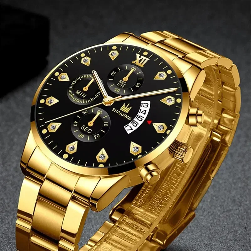 Men's Fashion Business Quartz Watch Fashion Fake Three Eye Calendar Men's Watch Stainless Steel Strap Men's Watch