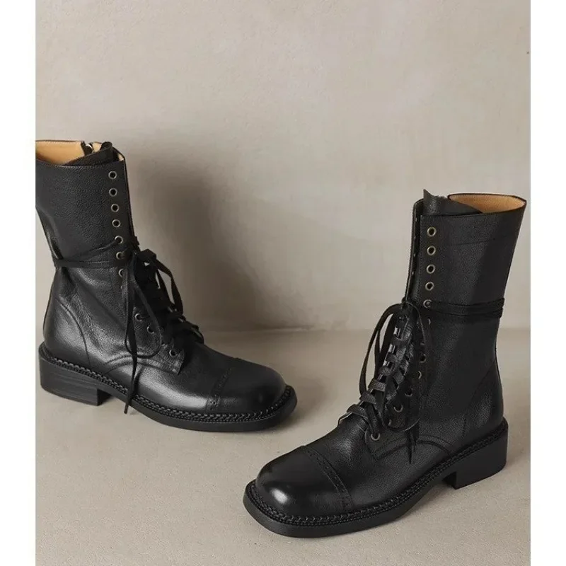 2024 autumn/winter new women\'s cow leather lace-up mid-calf motorcycle boots square toe high quality soft half boots