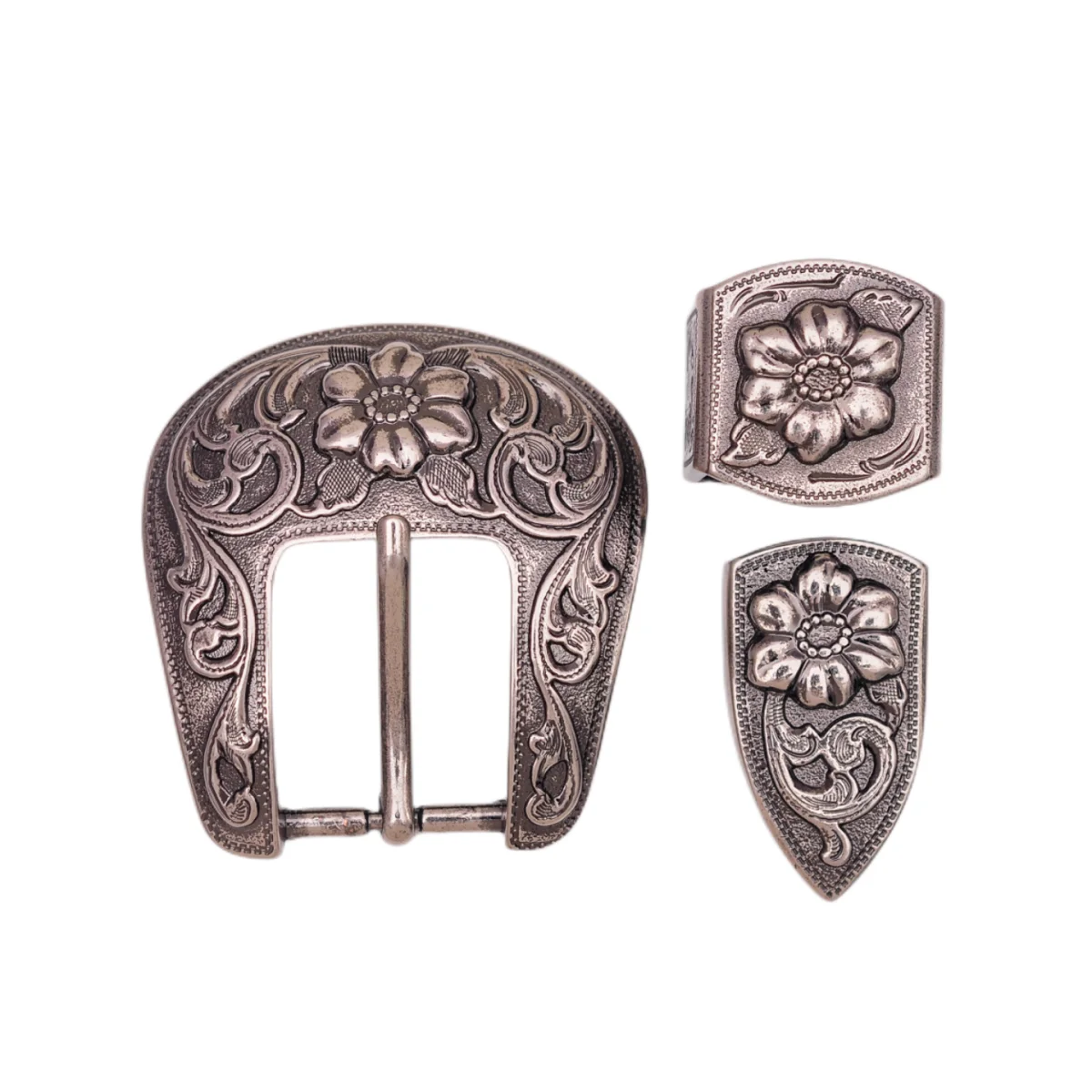 

Heavy Quality Silver Western Cowboy Cowgirl Rodeo Floral Engraved Leather Belt 3 Pieces Buckle Set Replacement Fit 1" Belt Strap