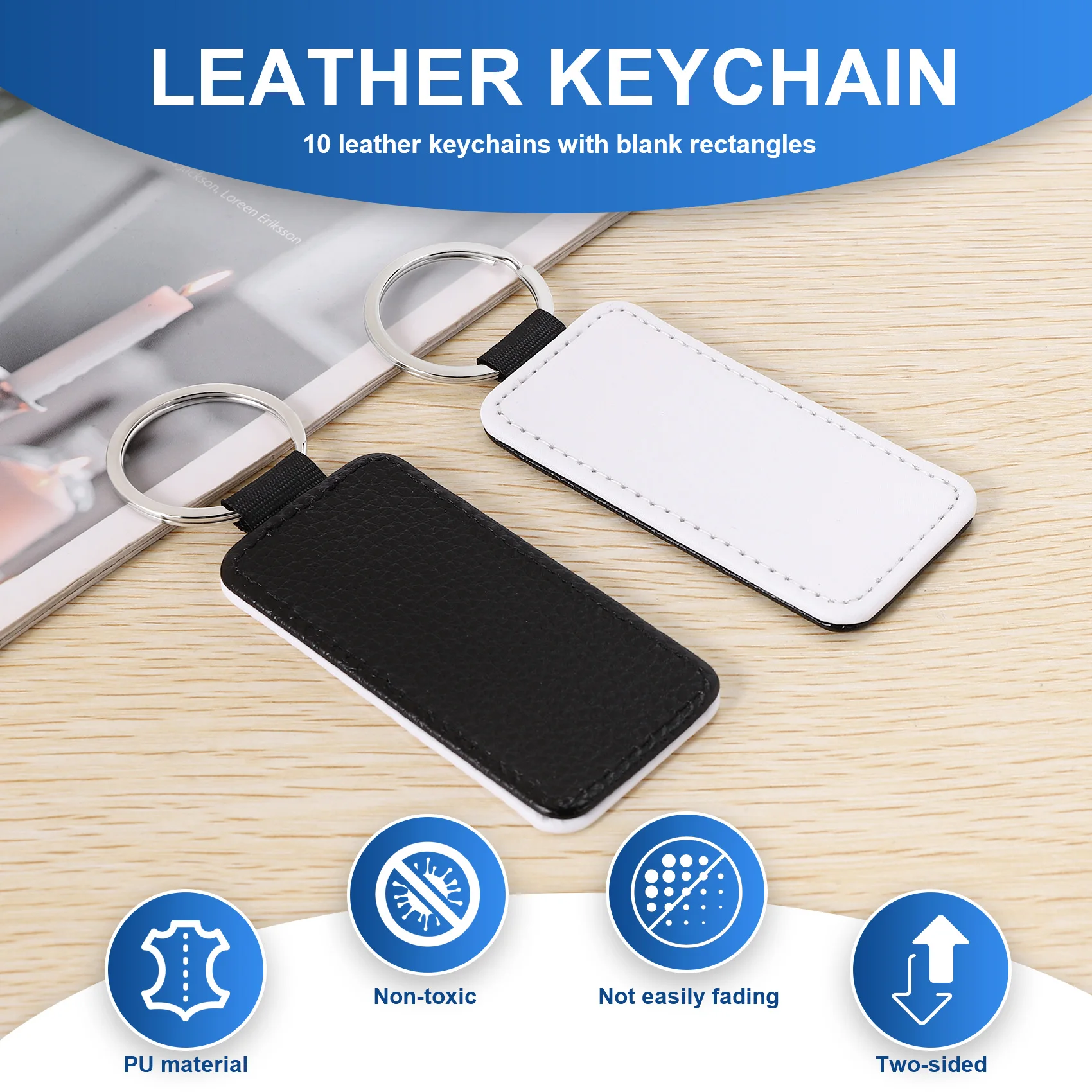 10Pcs Leather Keychain Blank Rectangle MDF Keychain Sublimation Heat Transfer Keychain Kit Jewelry Making