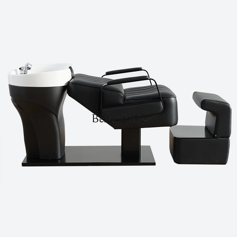 

Shampoo Bed for Hair Salon, Simple Ceramic Basin, Full and Half Reclining, Cream Style with Light