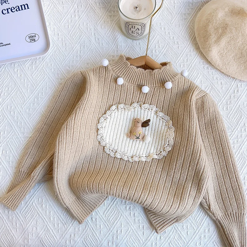 

Sweater New Girl Korean Childrens Clothing Winter New Lace Flower Edge Long Sleeved Keep Warm Tops Simple 2024 Striped