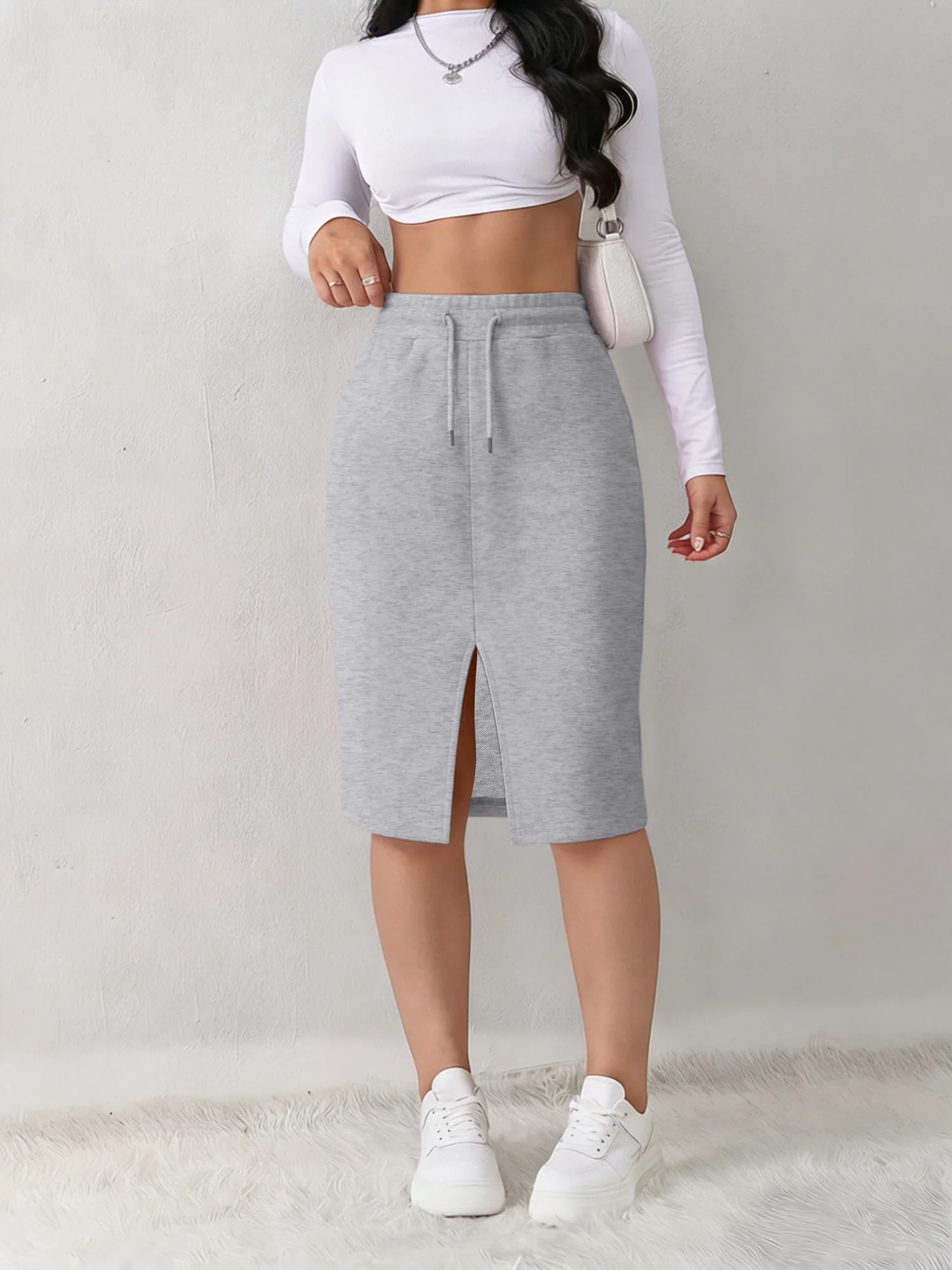 Ladies Trendy High Waist Sweat Midi Skirt Drawstring Adjustable Waistband Front Split Hip‑Wrapped Bodycon Daily Casual Skirt
