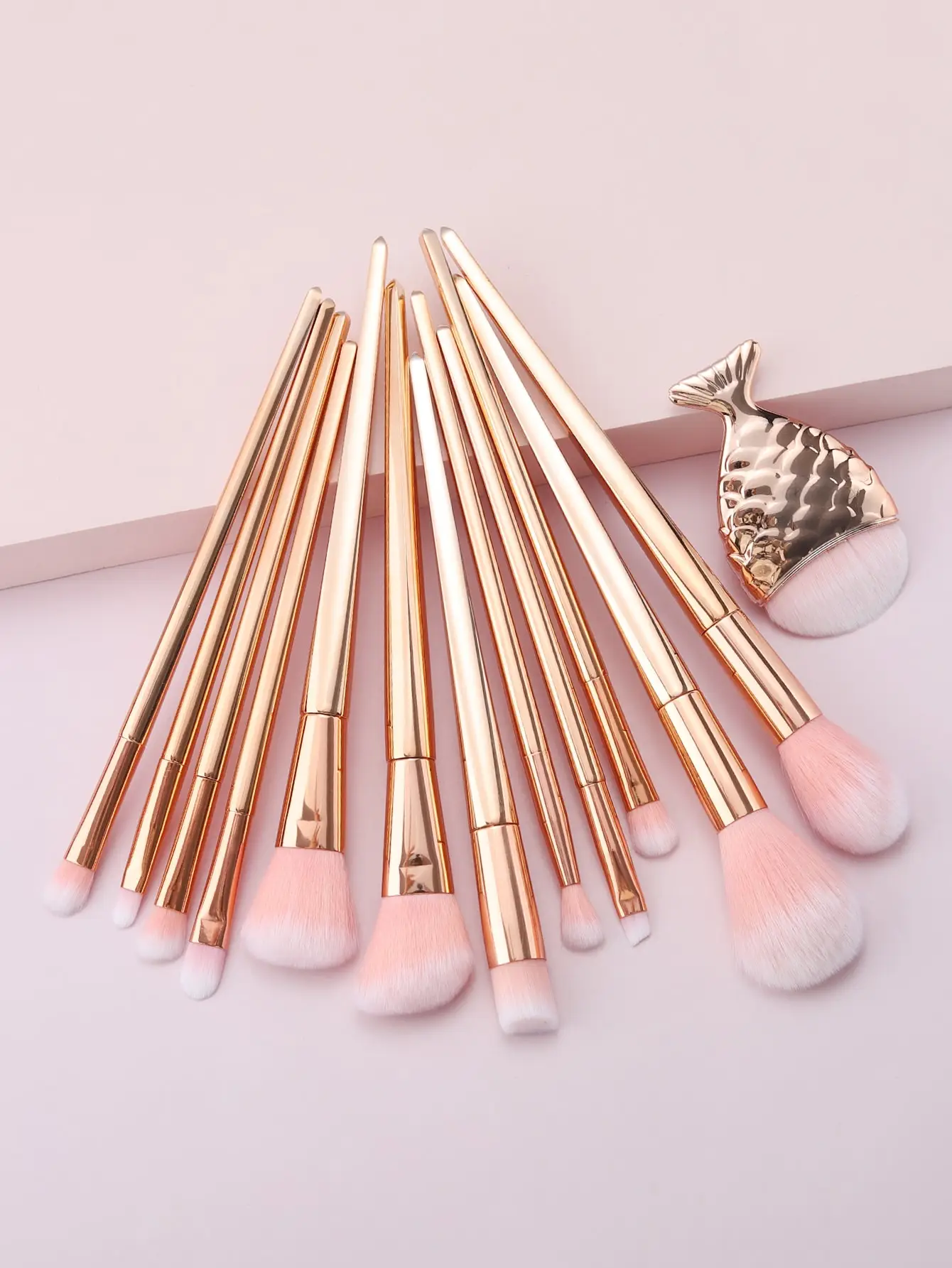 12/11 Pcs Rose‑Gold Fish‑tail Handle Makeup Brush Set Pink Gradient Soft Bristles Foundation Eyeshadow Cosmetic Brushes Kit