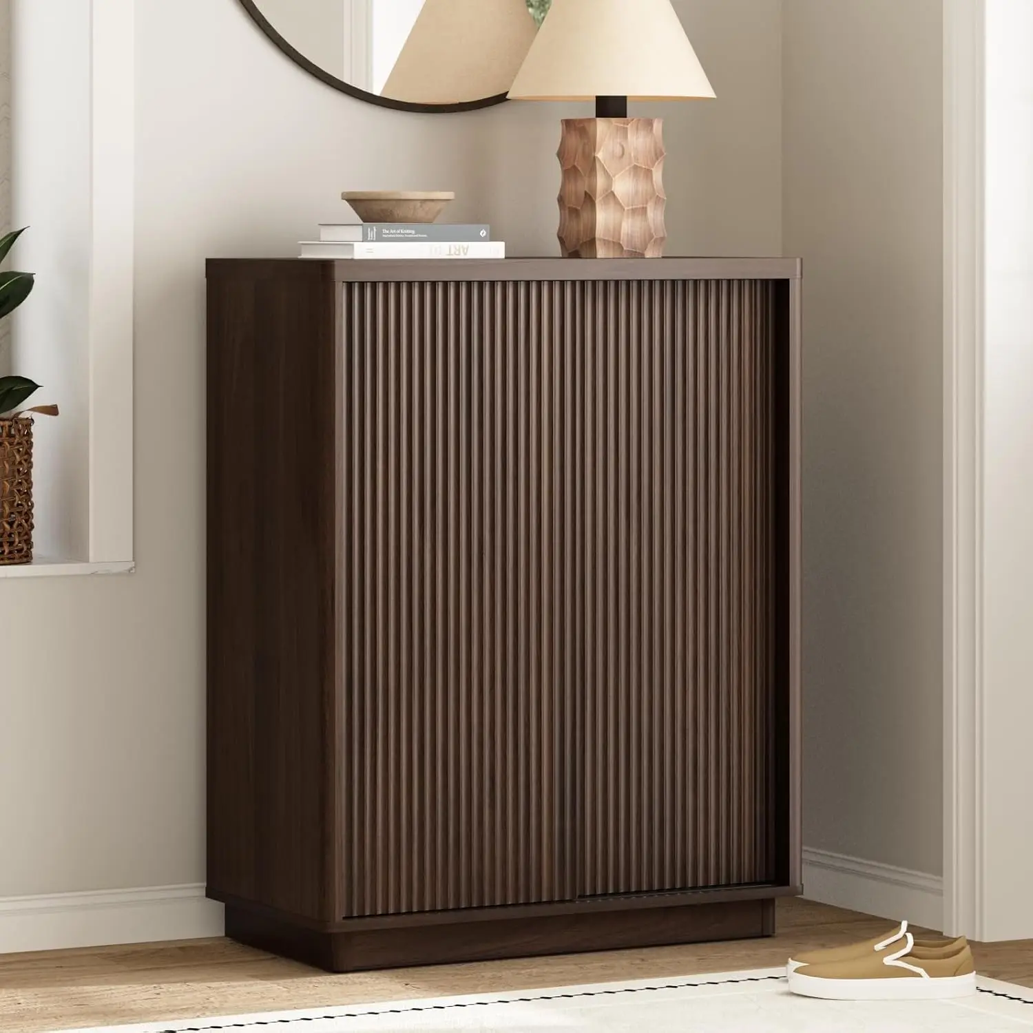 

6-Tier Large Hidden Storage Organizer Shoe Rack with Adjustable Shelves, Mid Century Freestanding Wooden Shoe Storage Cabinet