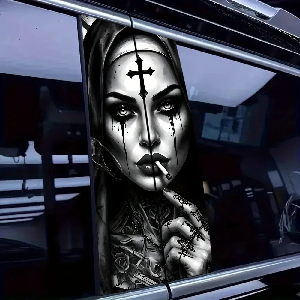 1Pair Tattooed Smoking Nun Car Stickers Self-Adhesive B-Pillar Decals Scratch-Resistant Self-adhesive Decals for Car Truck SUV