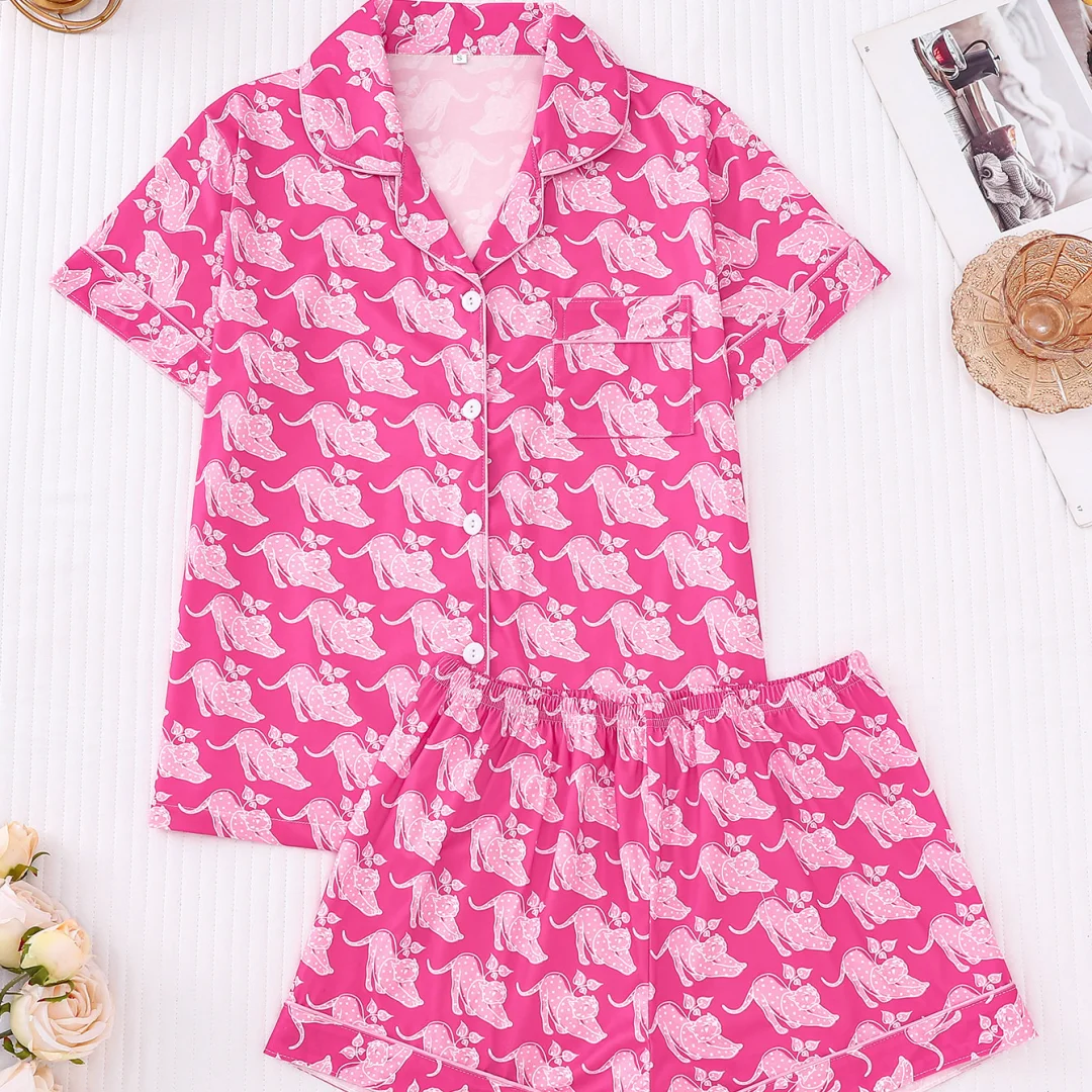 

Cat Print Pajamas Hot Pink Kitty Lapel Short Sleeve and Shorts Pants Loungewear Home Wear Set Sleepwear Clothes for Women