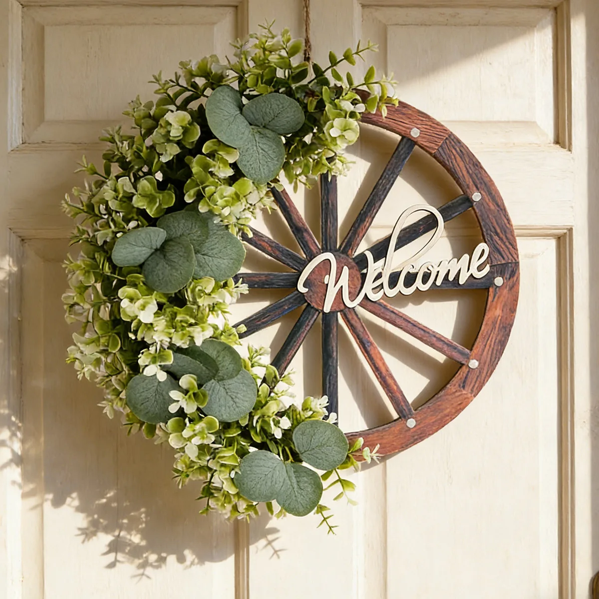 Spring eucalyptus leaf decorative door hanging wooden roulette wheel wreath Christmas pine cone wreath